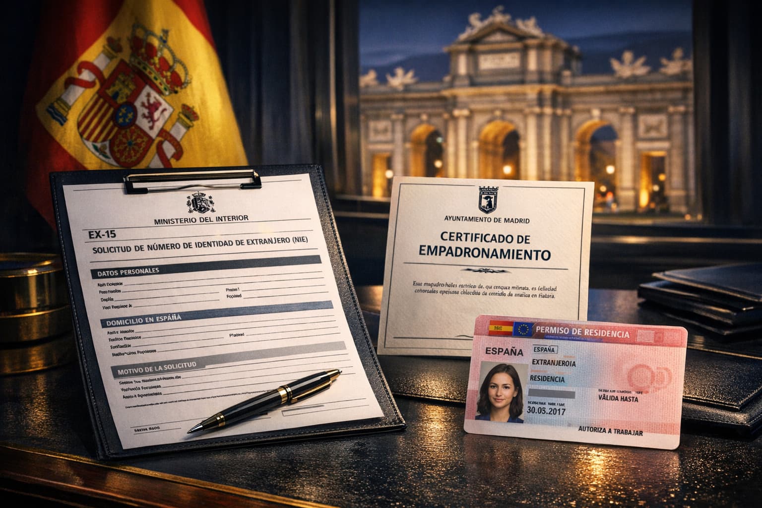 Documentos de residencia y formularios de extranjería siendo revisados en consulta legal