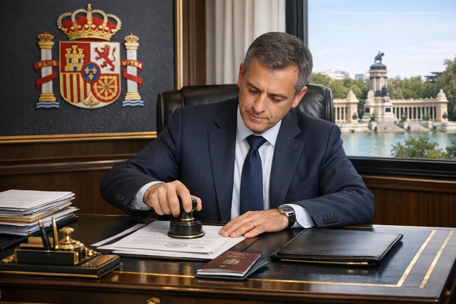 Documentos de extranjería y formularios administrativos en escritorio profesional