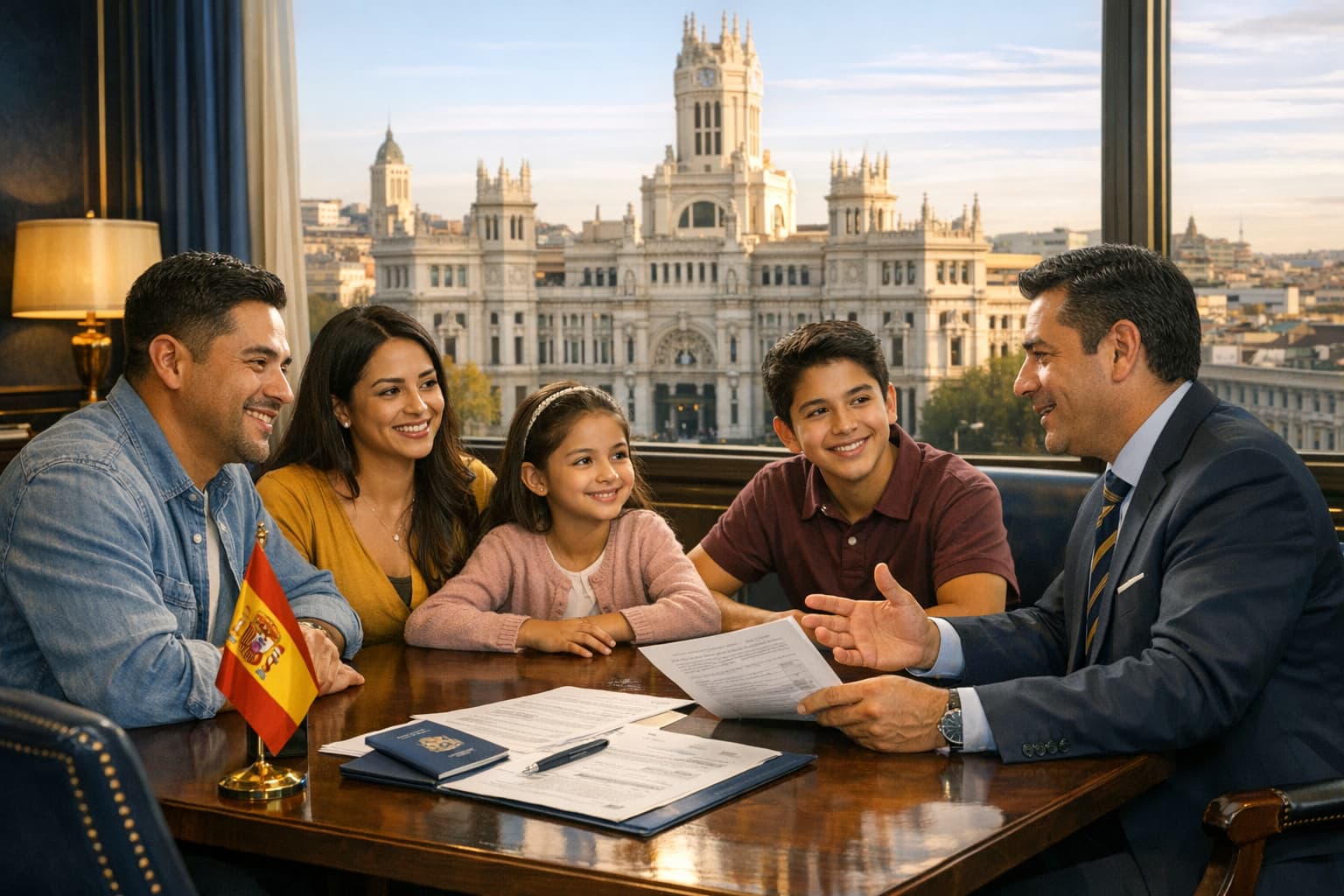 Familia reunida con gestor administrativo revisando documentación de regularización familiar