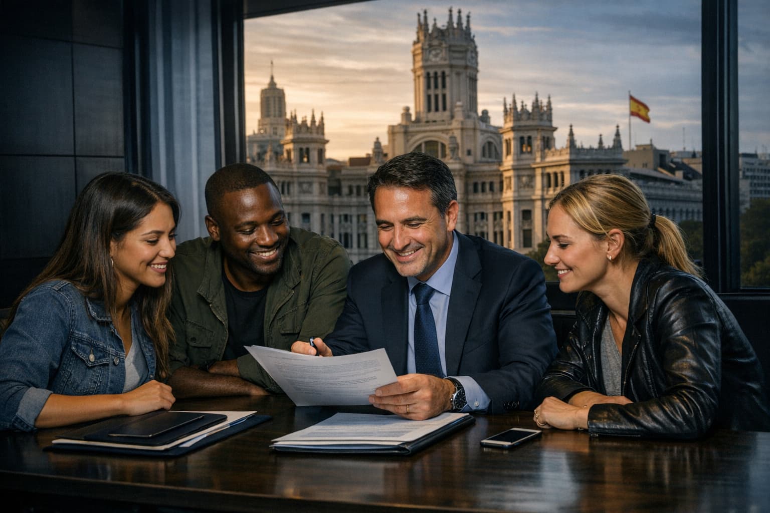 Oficina profesional moderna en Madrid con reunión de asesoramiento legal