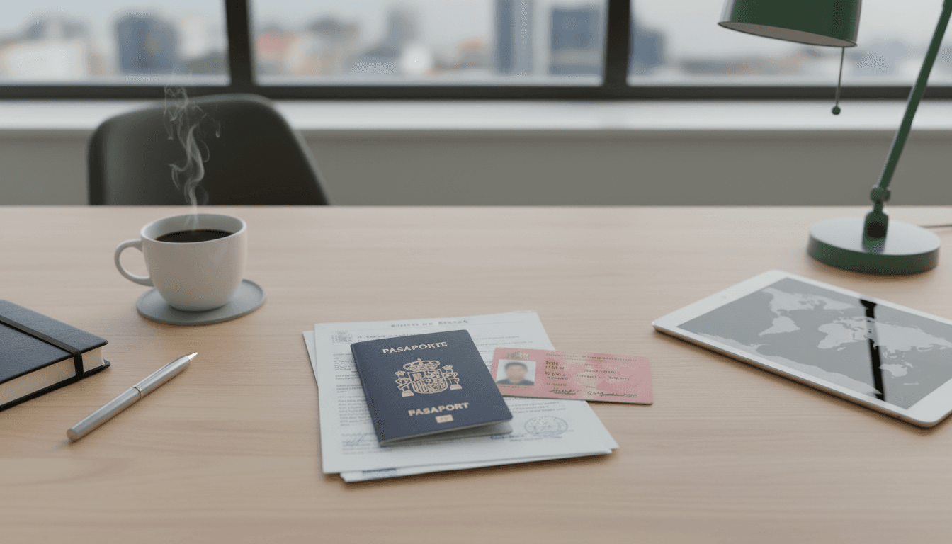 Documentos de identidad y pasaporte sobre un escritorio de oficina ordenado