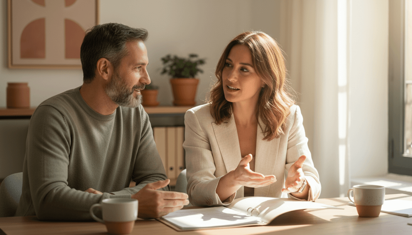 Asesor de extranjería revisando un expediente con un cliente en Madrid