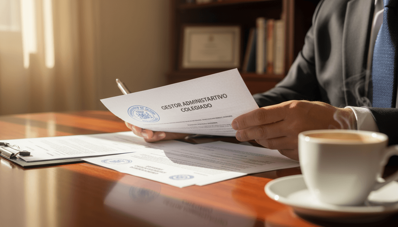 Gestor revisando documentos oficiales en un despacho profesional
