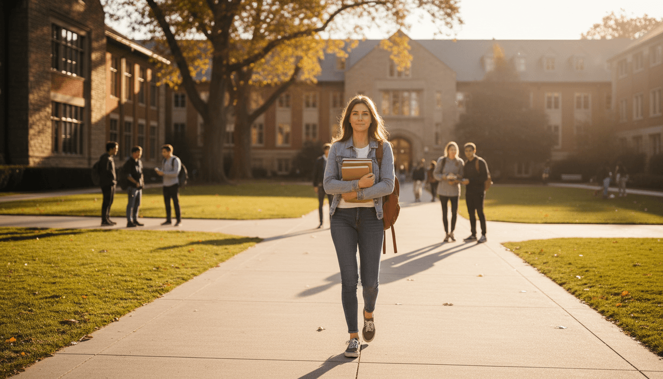 Estudiante caminando por el campus universitario con libros