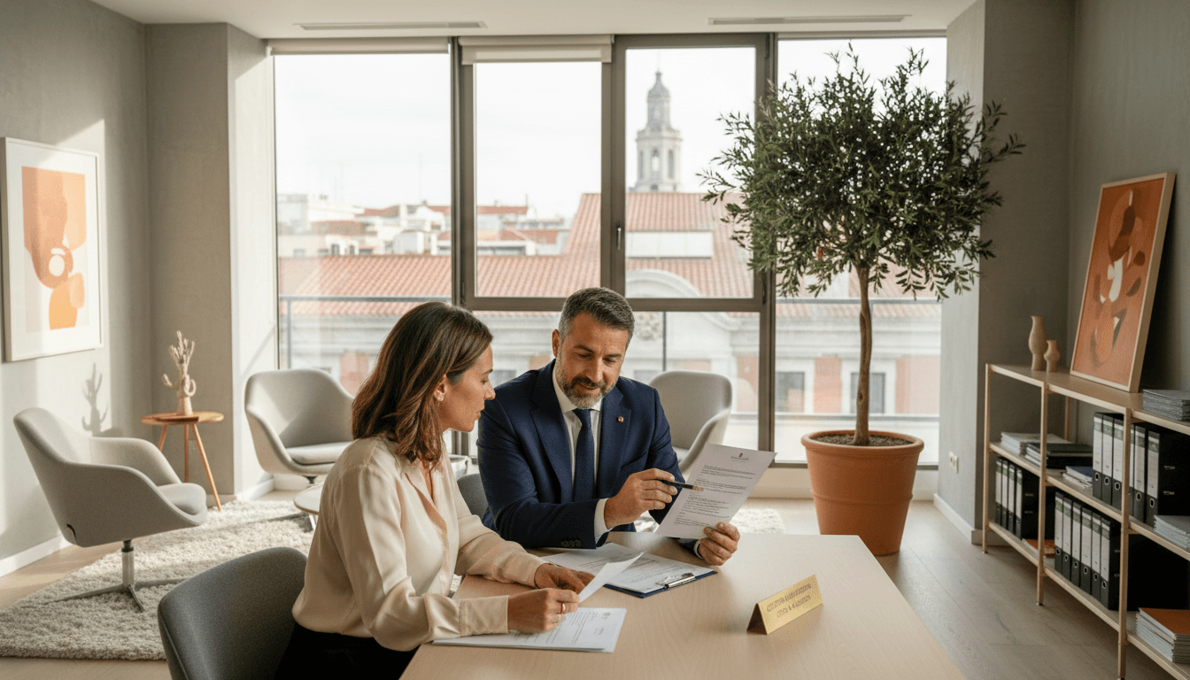 Gestor colegiado asesorando a un cliente en una oficina moderna en Madrid