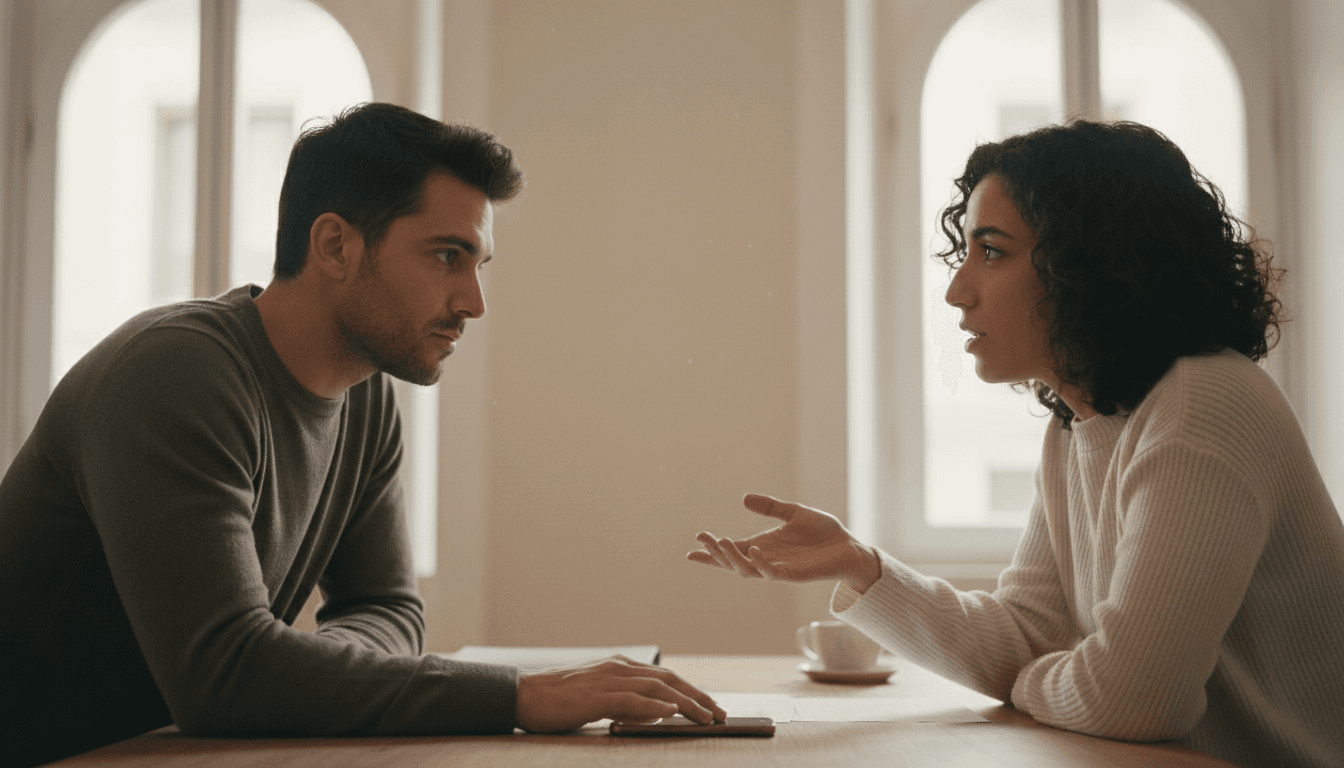 Dos personas conversando en una consulta inicial en una oficina en Madrid