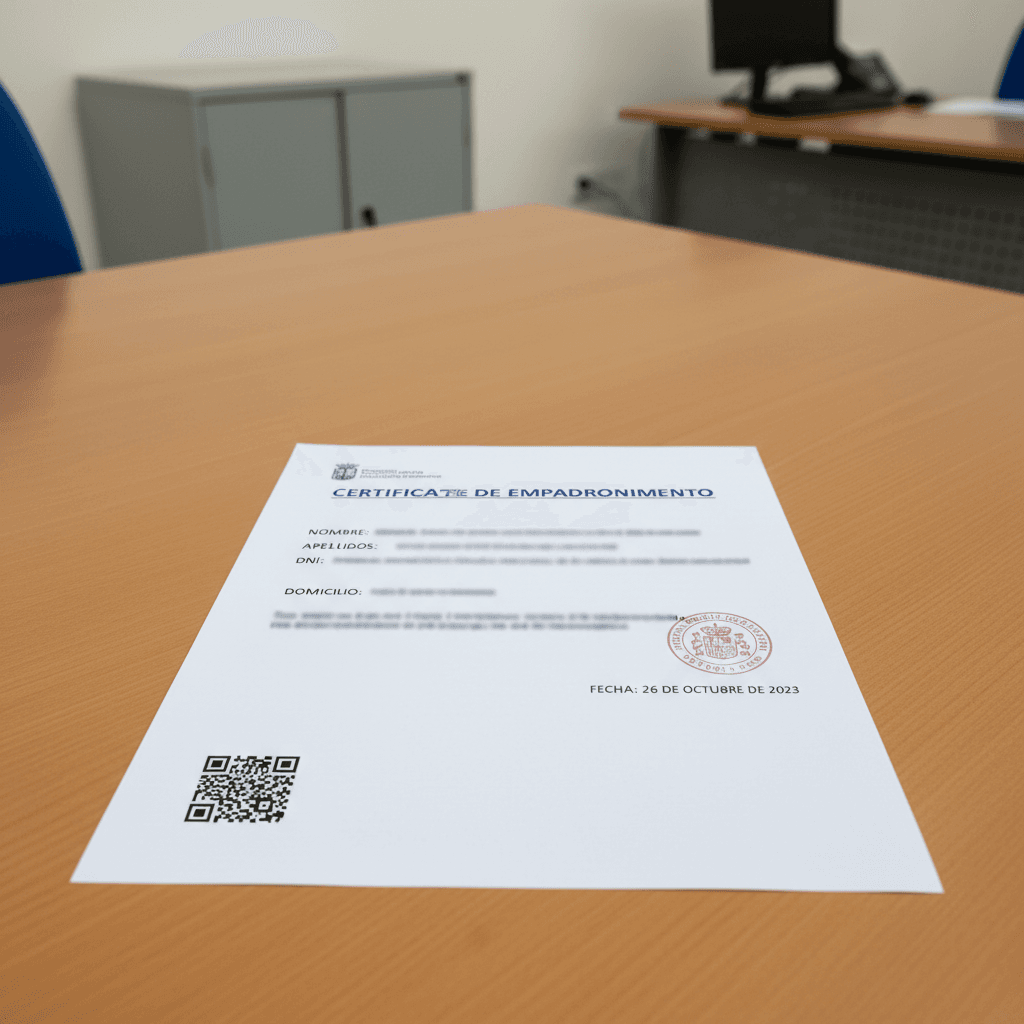 Certificado de empadronamiento sobre una mesa