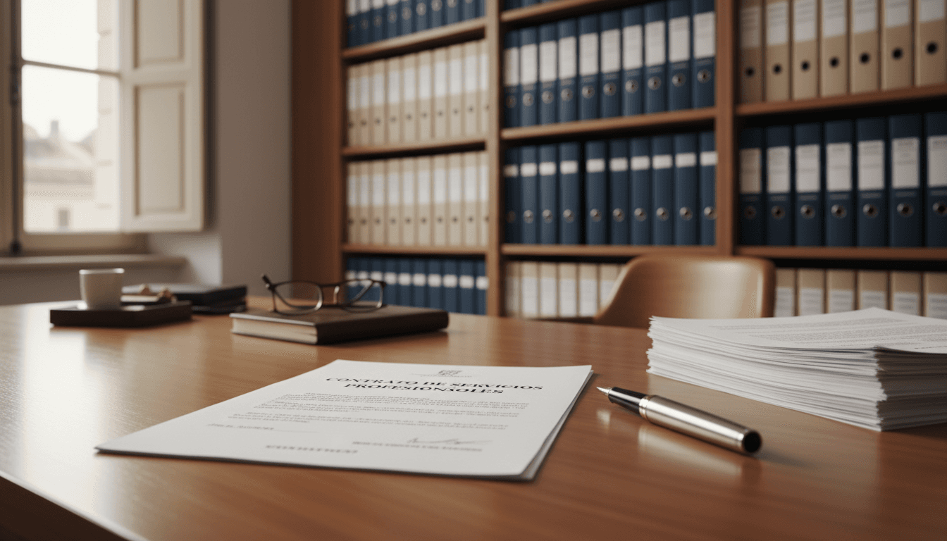 Mesa de consulta con documentos de extranjería listos para revisión en una oficina en Madrid