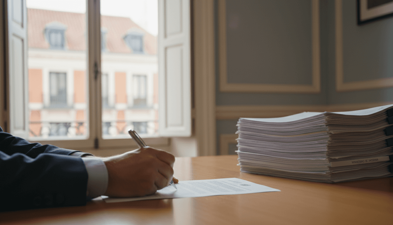 Gestor administrativo firmando documentación oficial para residencia familiar en Madrid