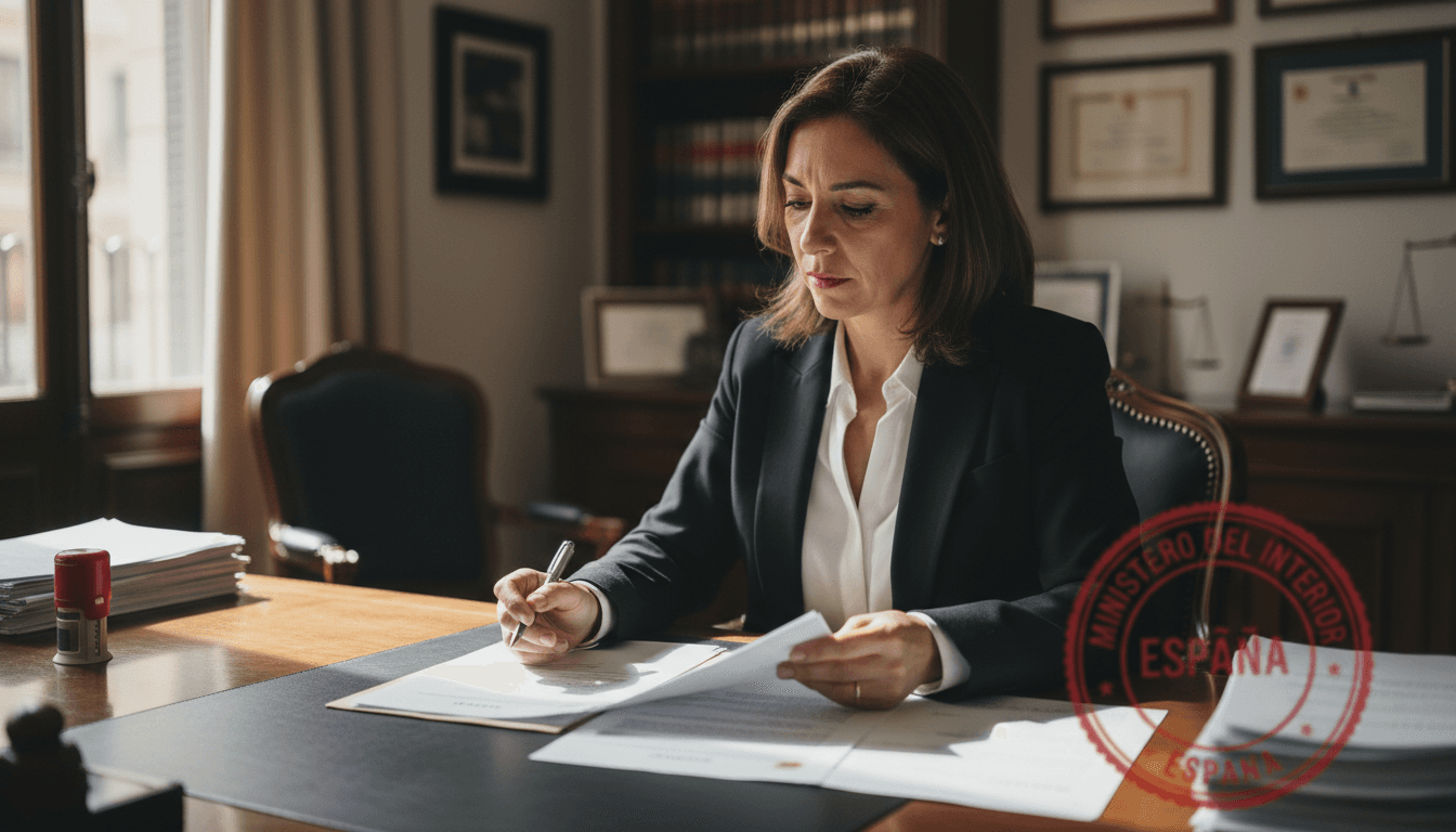 Gestora administrativa revisando documentos oficiales de nacionalidad española en una oficina de Madrid