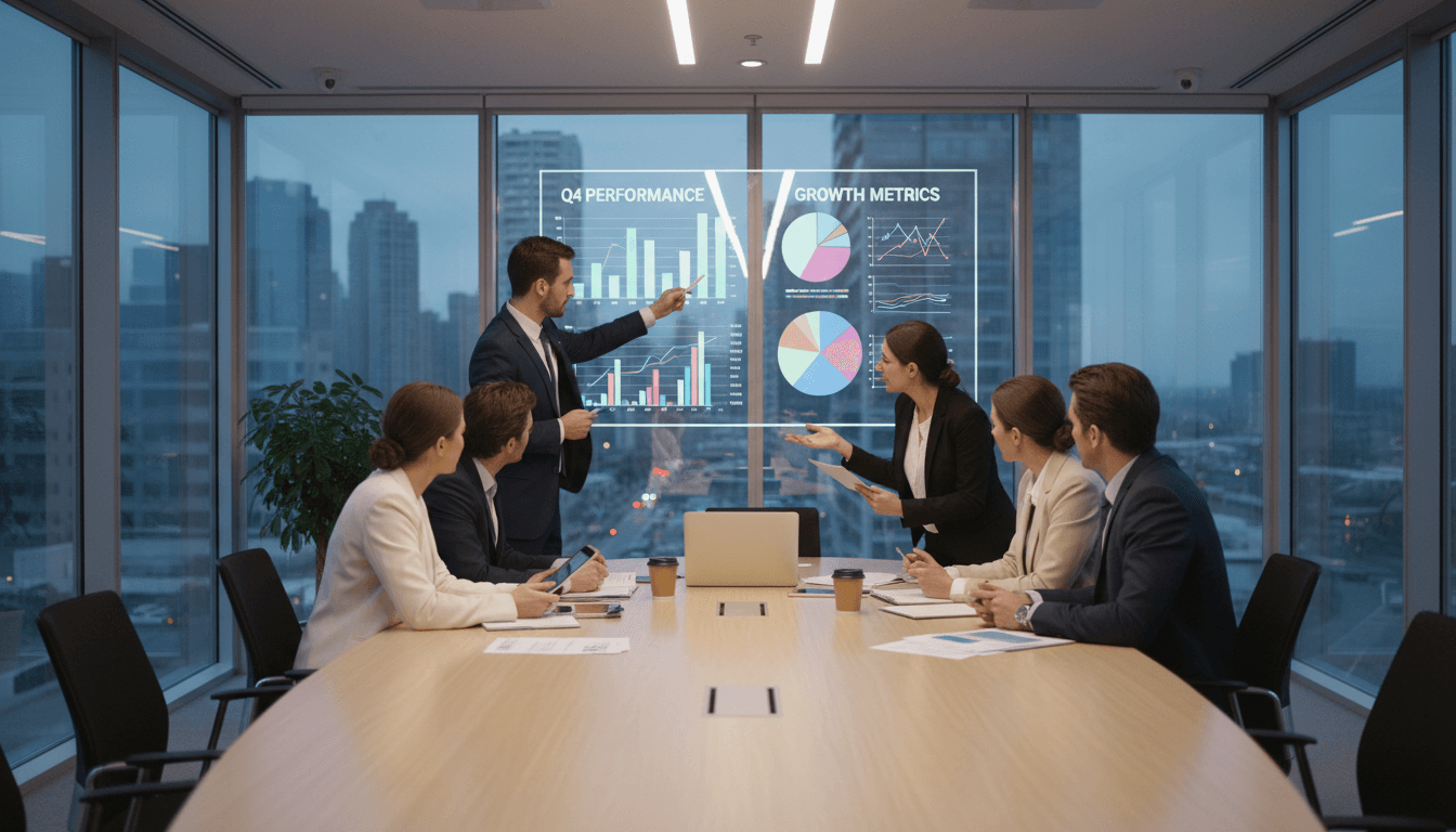 Reunión de empresa analizando gráficos y datos en oficina moderna