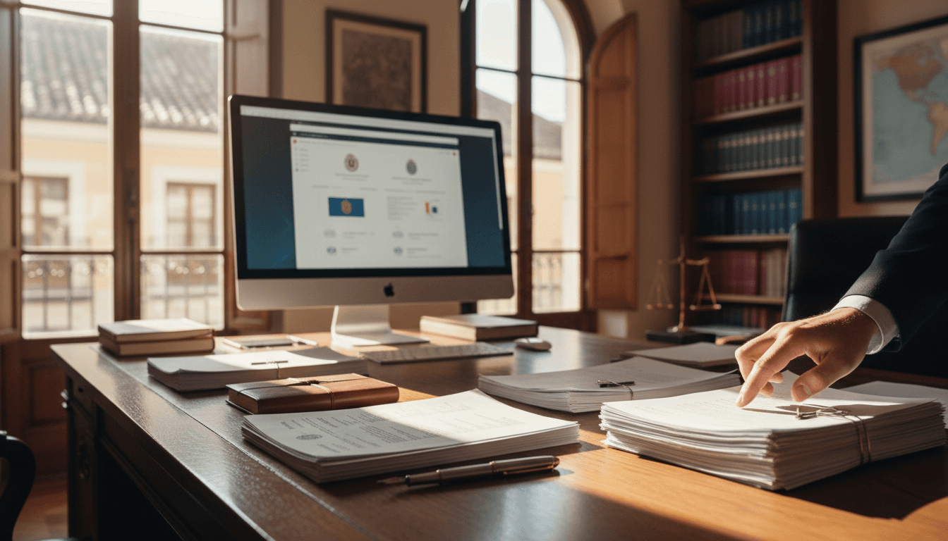 Espacio profesional de asesoría legal con documentos oficiales y portales gubernamentales