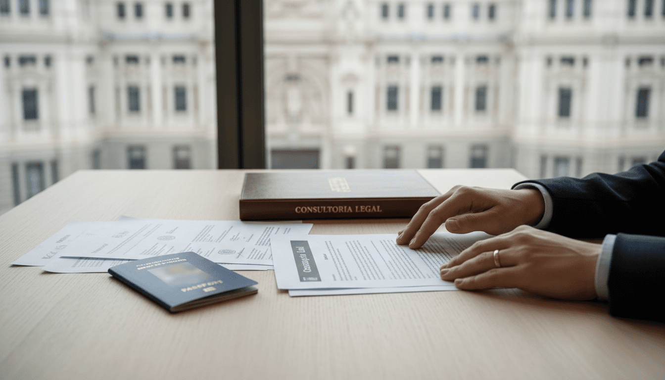 Manos de un gestor revisando documentos de extranjería en una oficina en Madrid
