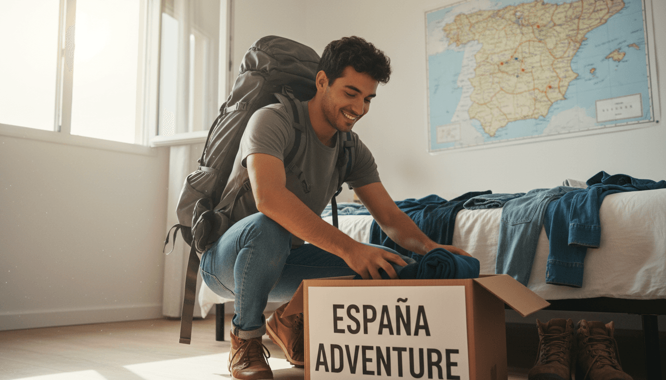 Joven adulto empacando una caja en una habitación luminosa con un mapa de España al fondo