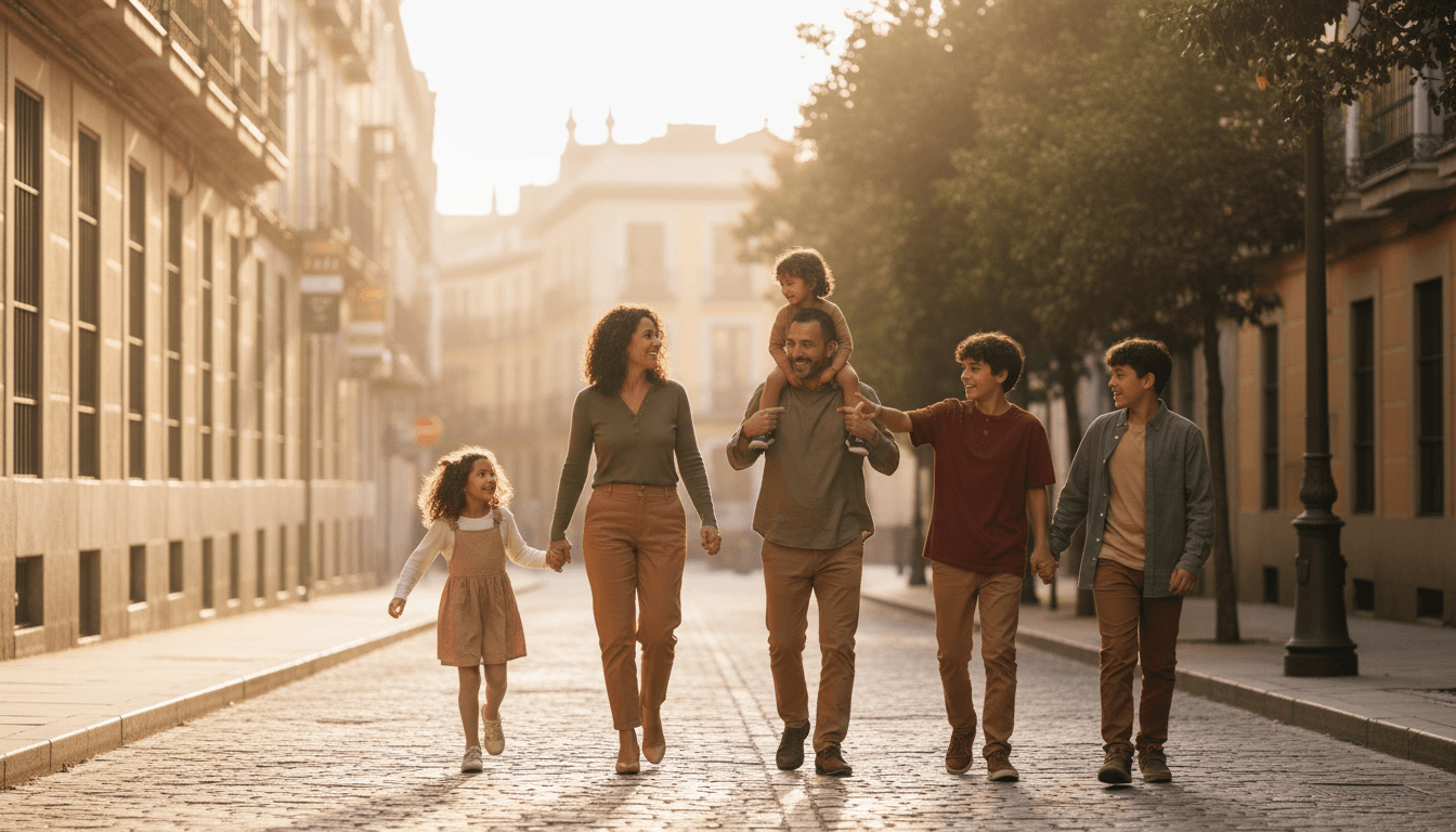 Familia caminando por una calle soleada de Madrid