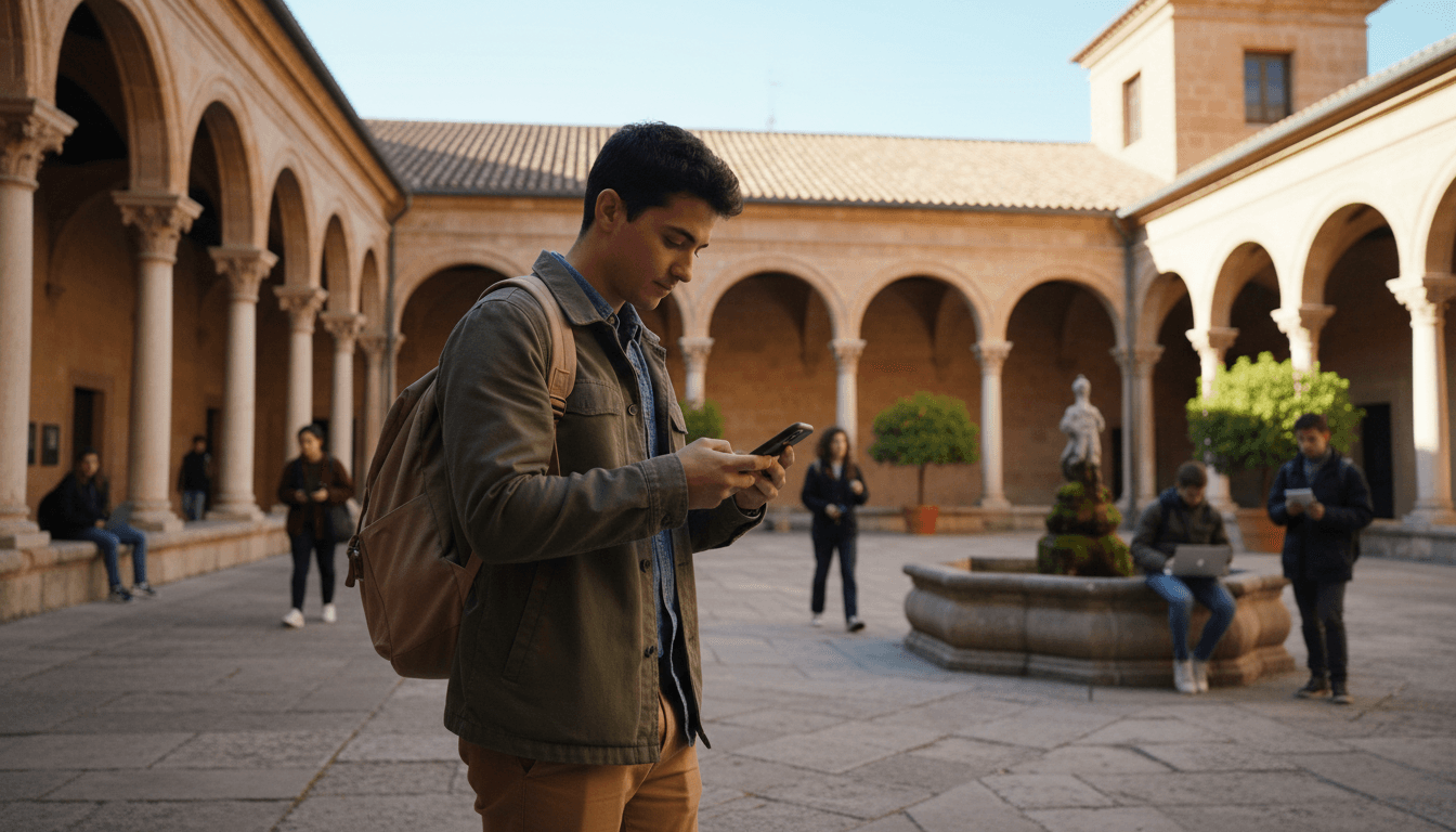 Estudiante consultando su teléfono en el patio de una universidad española