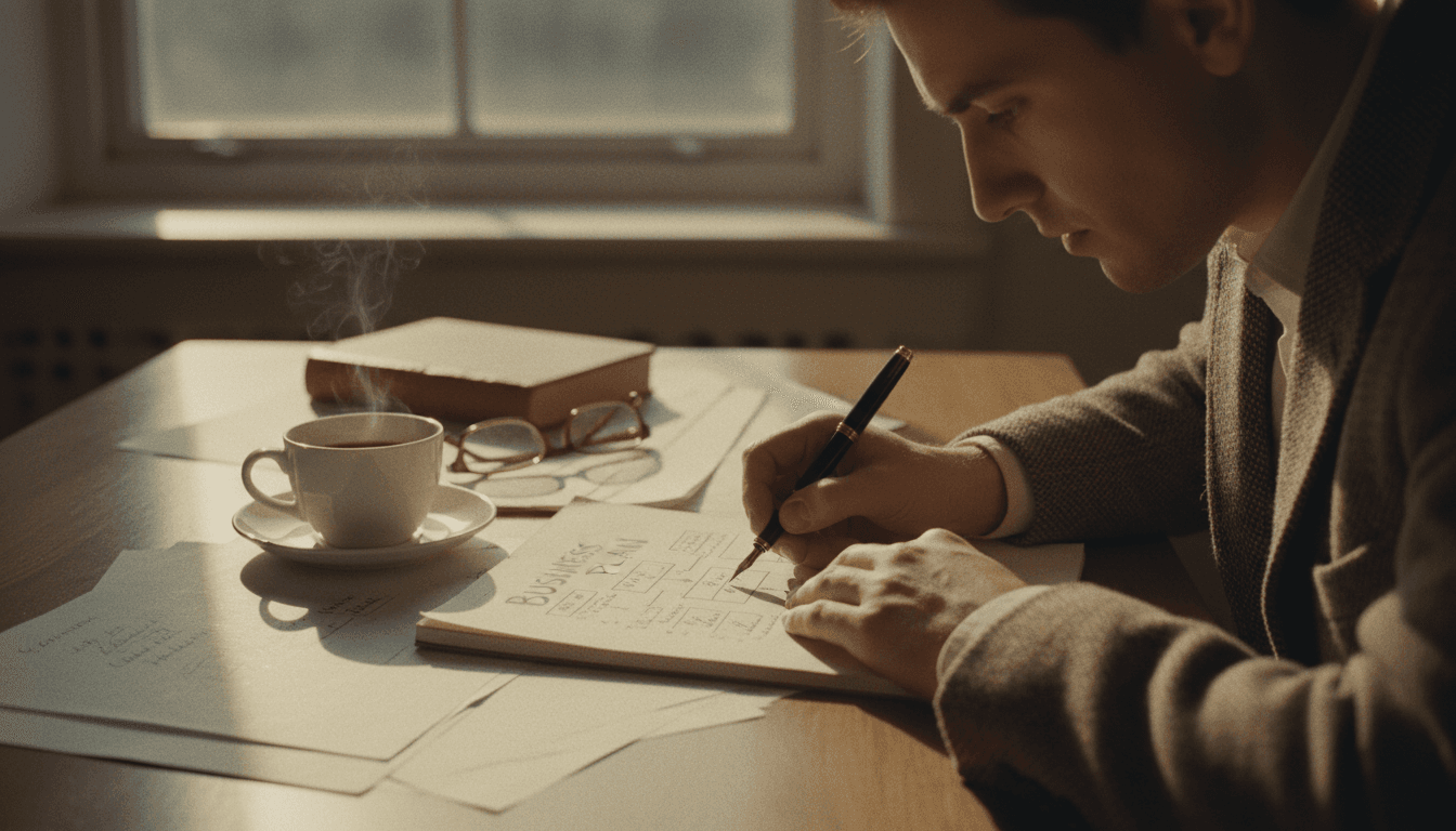Persona escribiendo un plan de negocio en un cuaderno en una oficina