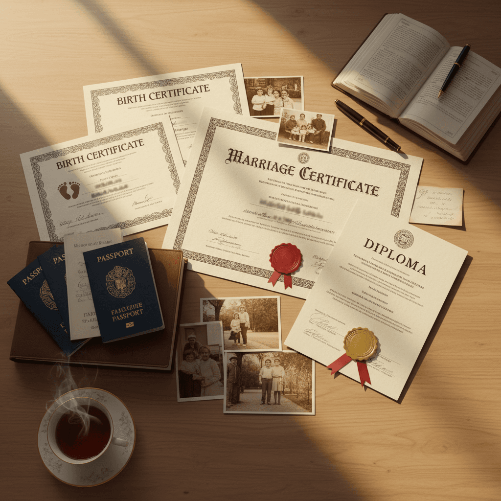 Certificados de nacimiento y matrimonio sobre una mesa de trabajo