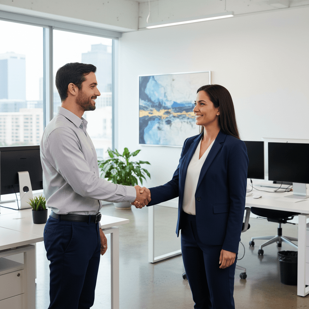 Empresario estrechando la mano a un trabajador en una oficina moderna