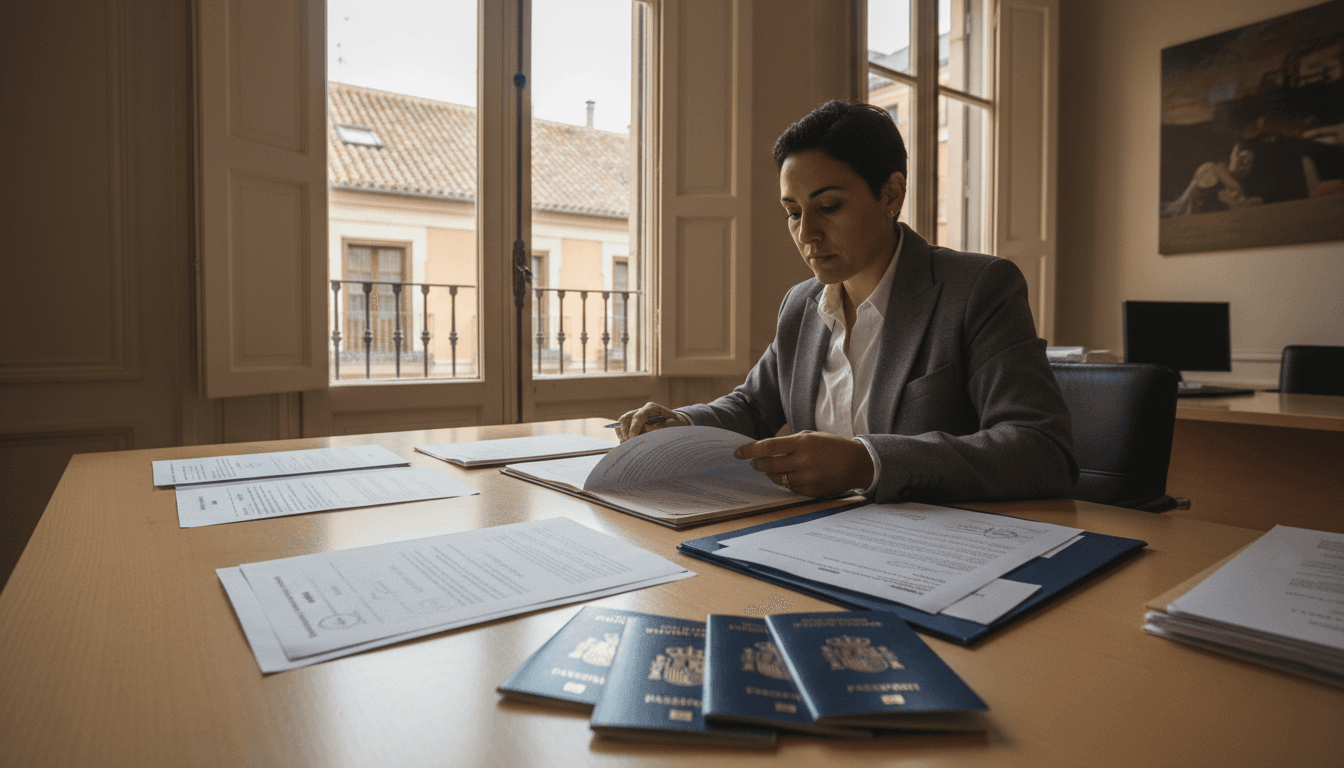 Asesor especializado en nacionalidad española revisando documentación oficial con ciudadanos extranjeros