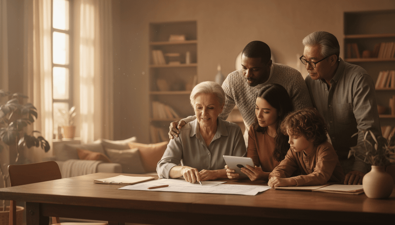 Familia reunida planificando reagrupación con documentos de solicitud