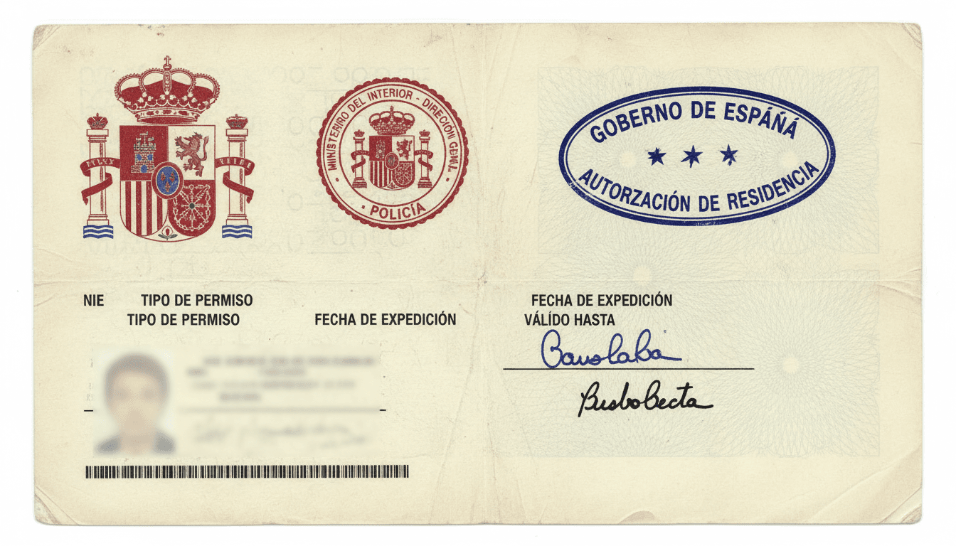 Documento de residencia española con sellos oficiales