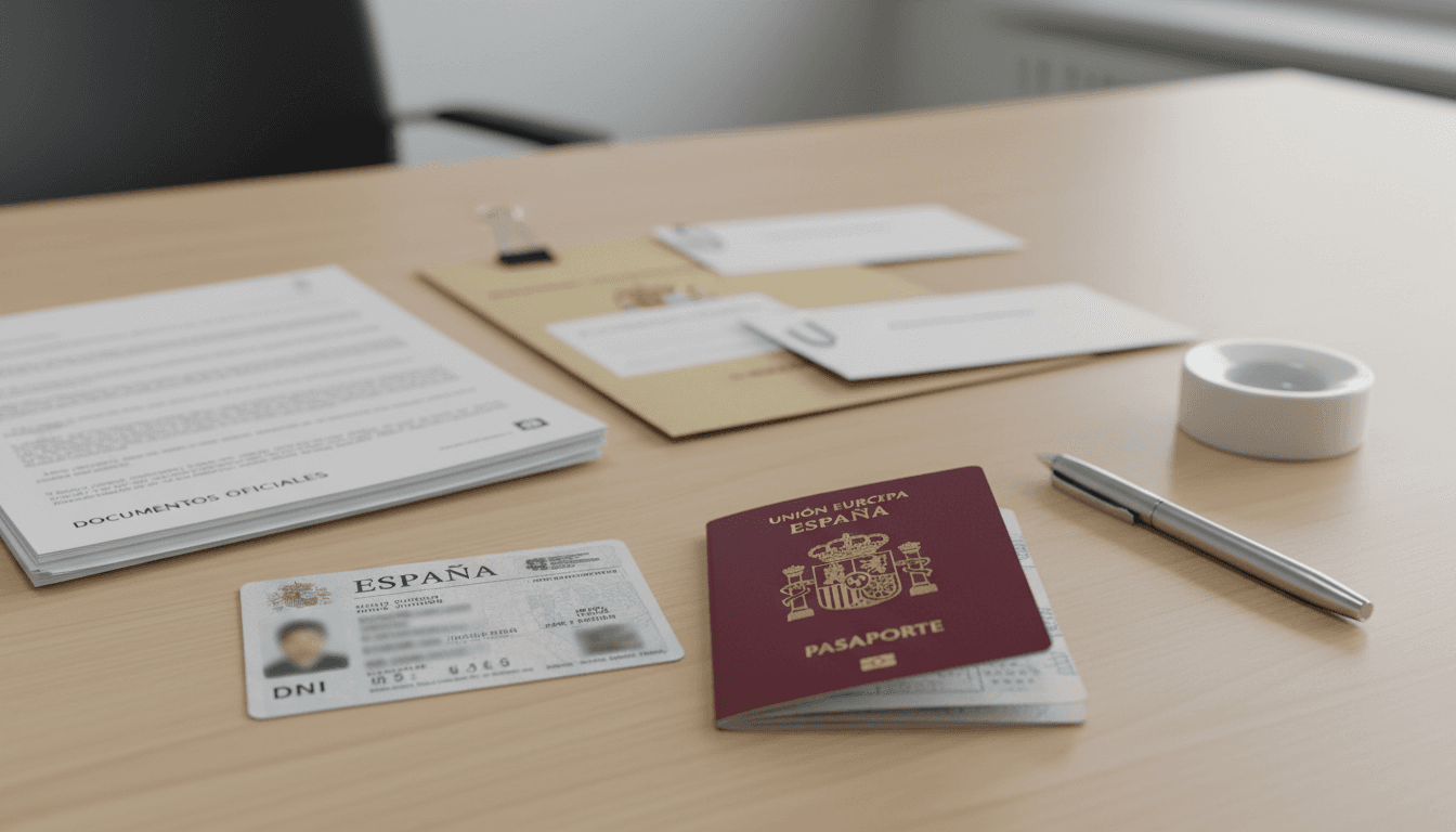 Tarjeta de identidad y pasaporte sobre un escritorio con documentos oficiales