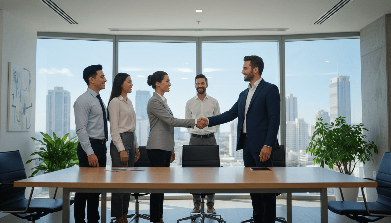 Dos profesionales estrechando la mano en una reunión de trabajo en una oficina moderna