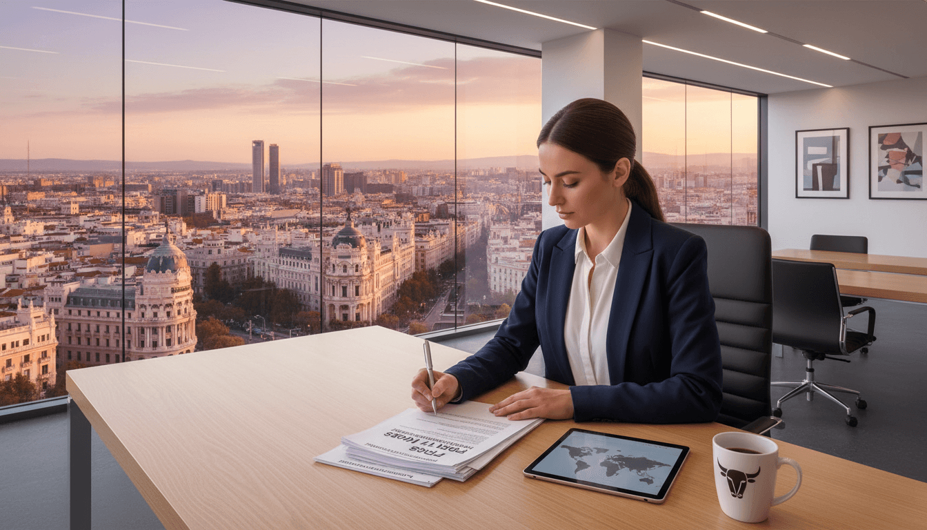 Mujer profesional firmando documentación de residencia en Madrid