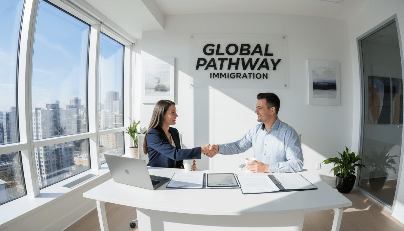 Consultora de extranjería revisando documentación con un cliente en una oficina moderna en Madrid