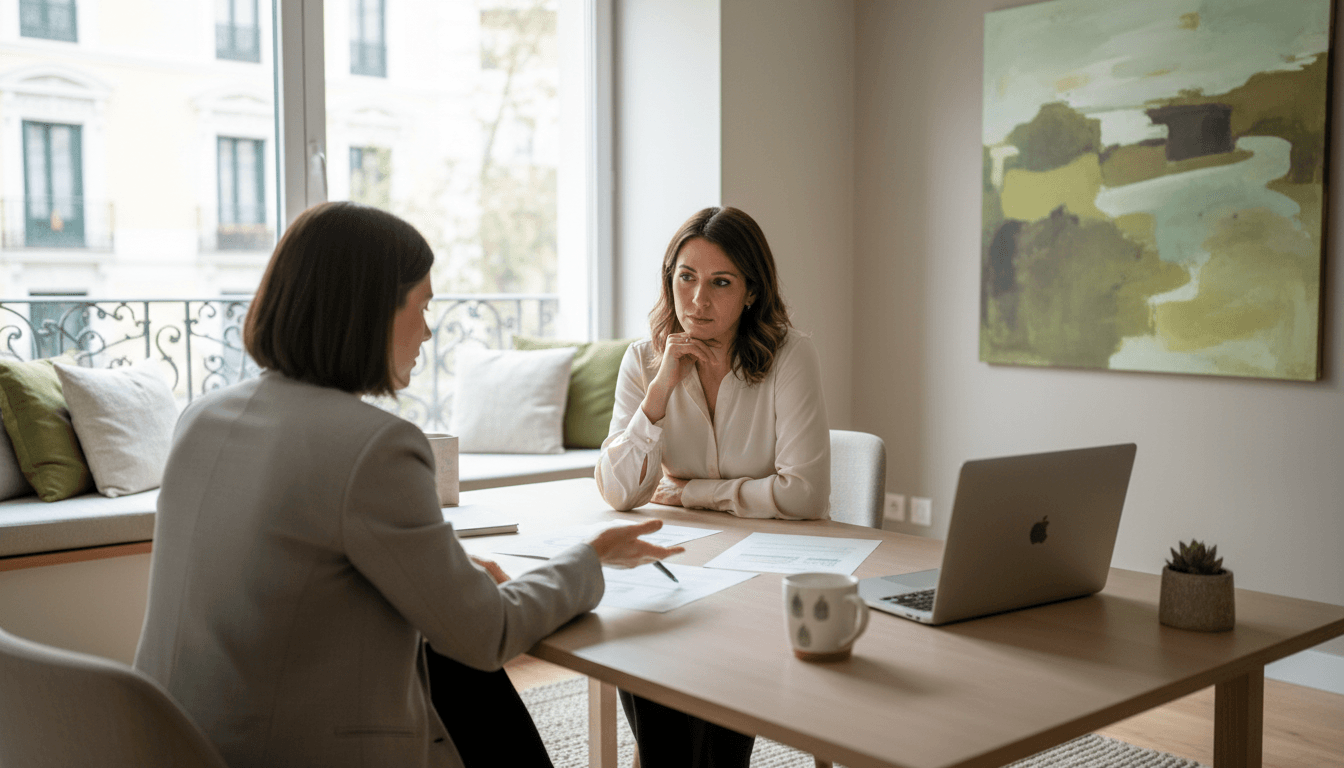 Professional gestor advising a client on immigration paperwork in a bright Madrid office