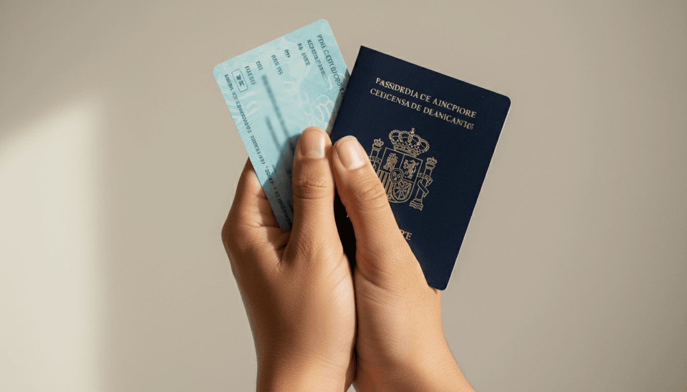 Manos sosteniendo una tarjeta de residencia y un pasaporte