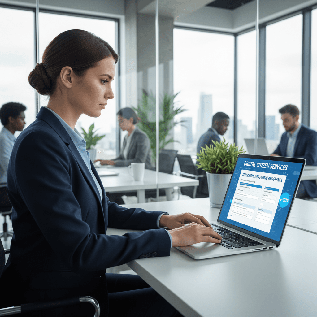 Profesional usando un ordenador portátil con formularios digitales oficiales
