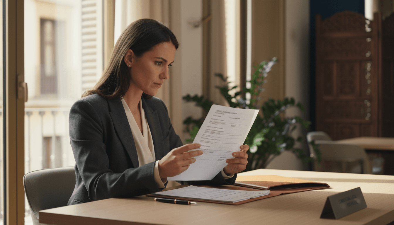 Gestora profesional analizando documentación de extranjería con precisión y expertise