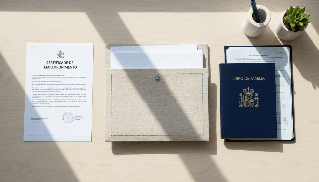Carpeta con libro de familia y certificado de empadronamiento sobre un escritorio