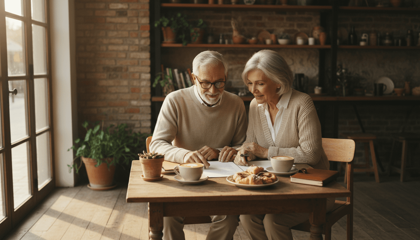 Pareja mayor revisando documentos en una terraza de un café