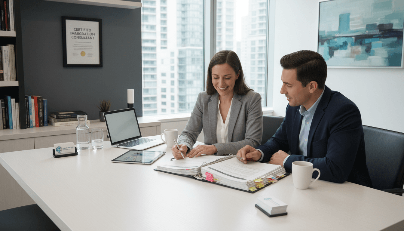 Gestor colegiado revisando caso de residencia con cliente