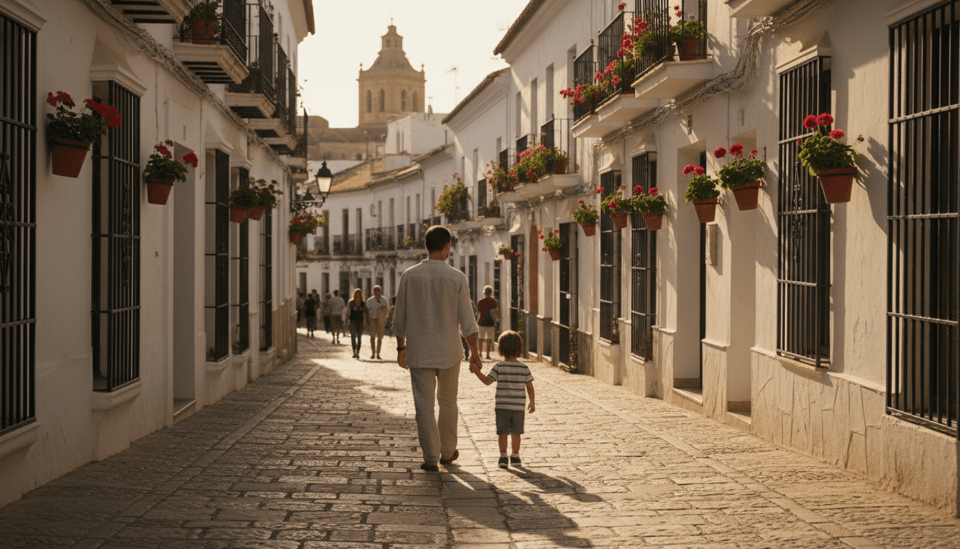 Padre e hijo caminando de la mano por una calle soleada