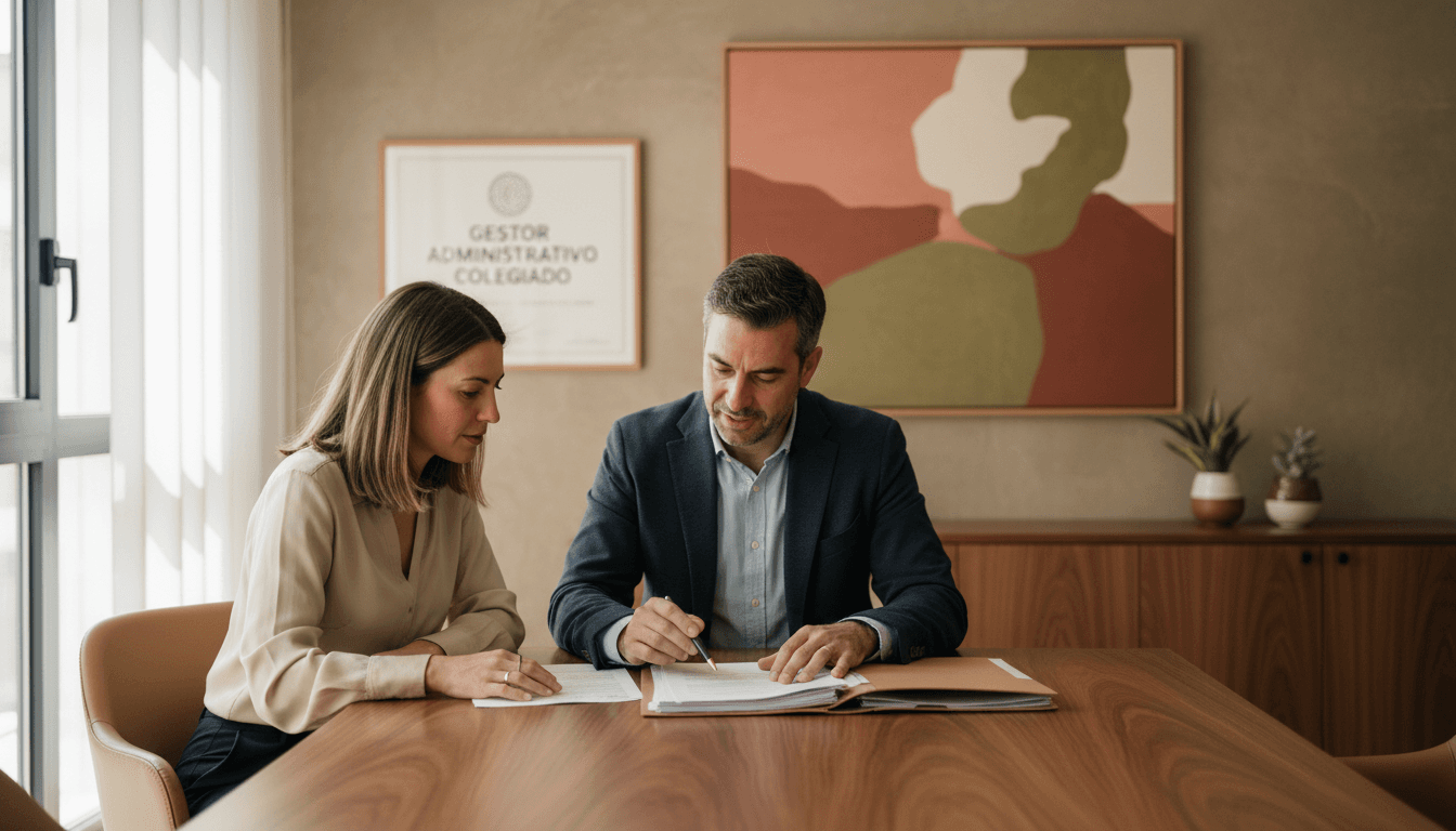 Consultor de GOEX Extranjería revisando documentación con un cliente en una oficina en Madrid