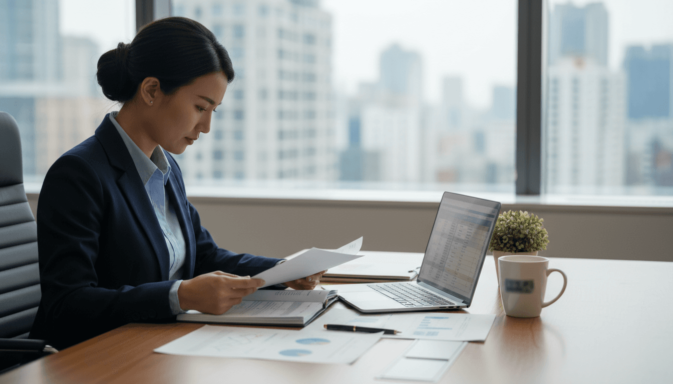 Profesional revisando documentos en escritorio con ordenador
