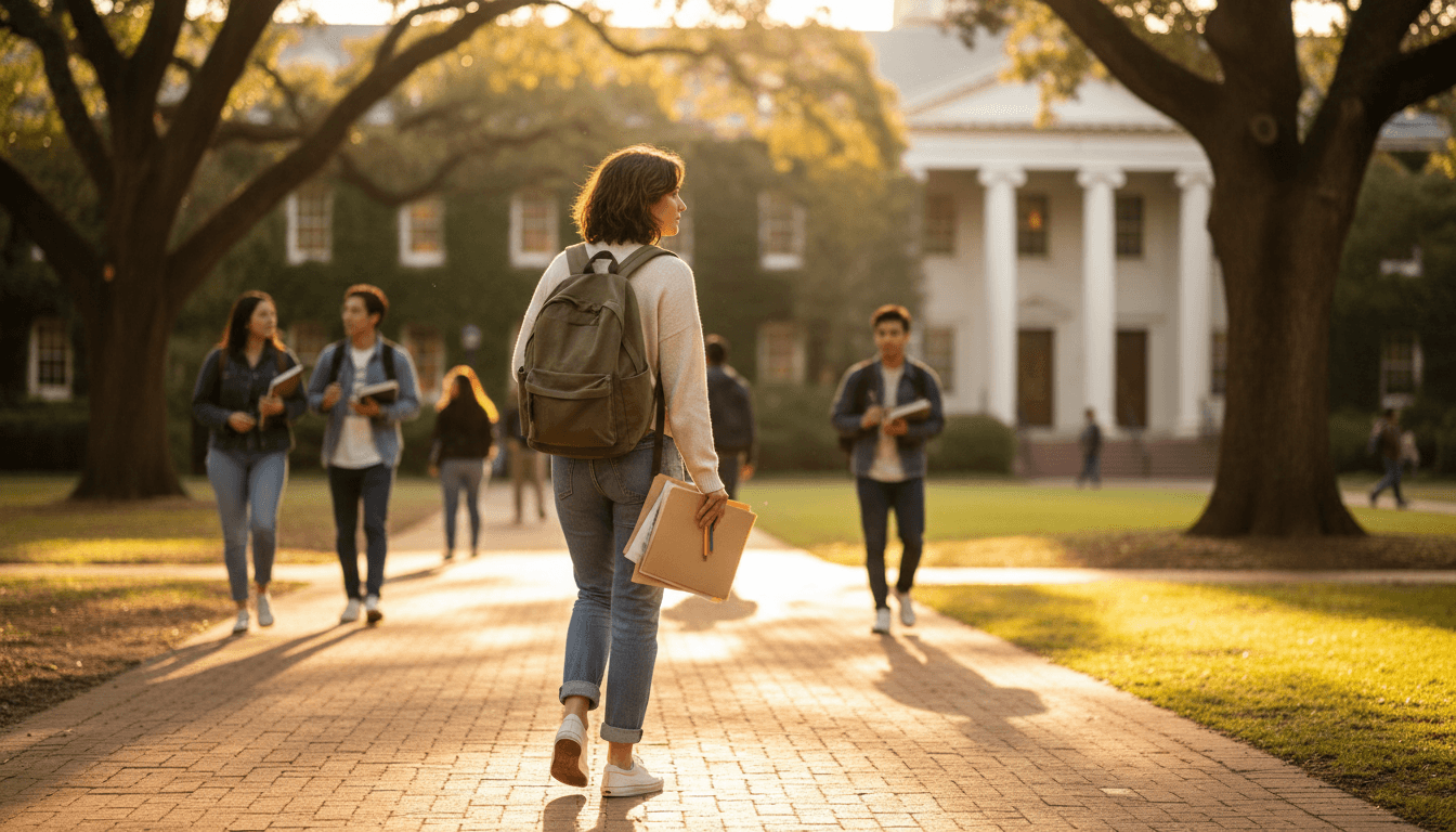 Joven con mochila paseando por un campus universitario en Madrid