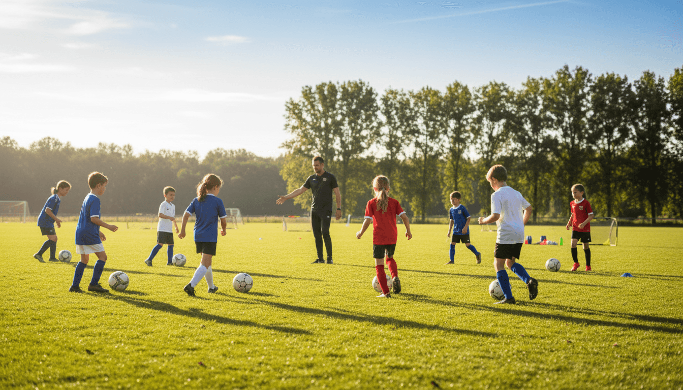 Jóvenes futbolistas entrenando en campo de césped con luz natural