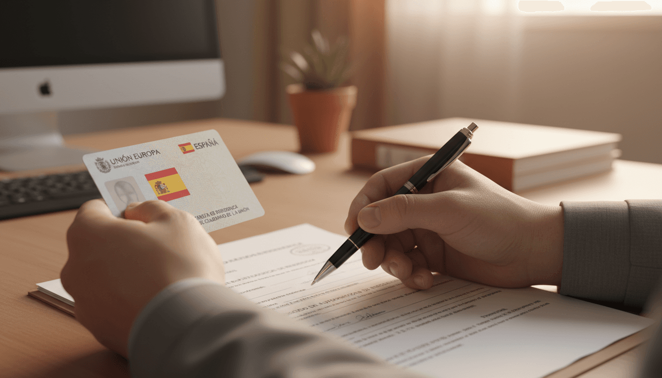 Manos sosteniendo una tarjeta de residencia española junto a documentos oficiales