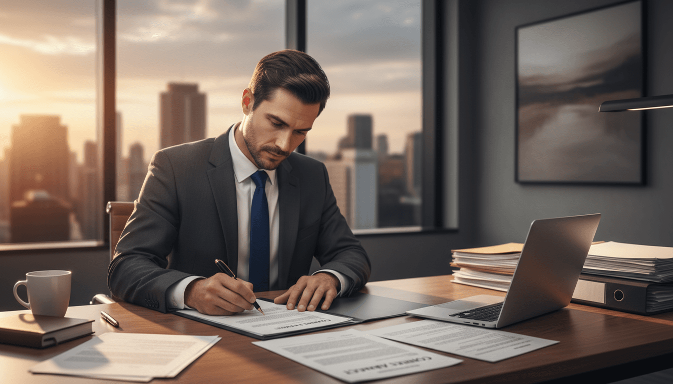 Empresario firmando documentos en su escritorio con un portátil y papeles