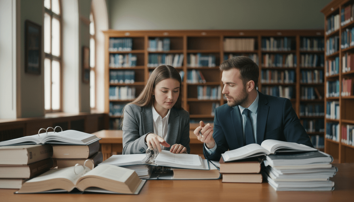 Estudiante consultando documentación con un asesor legal