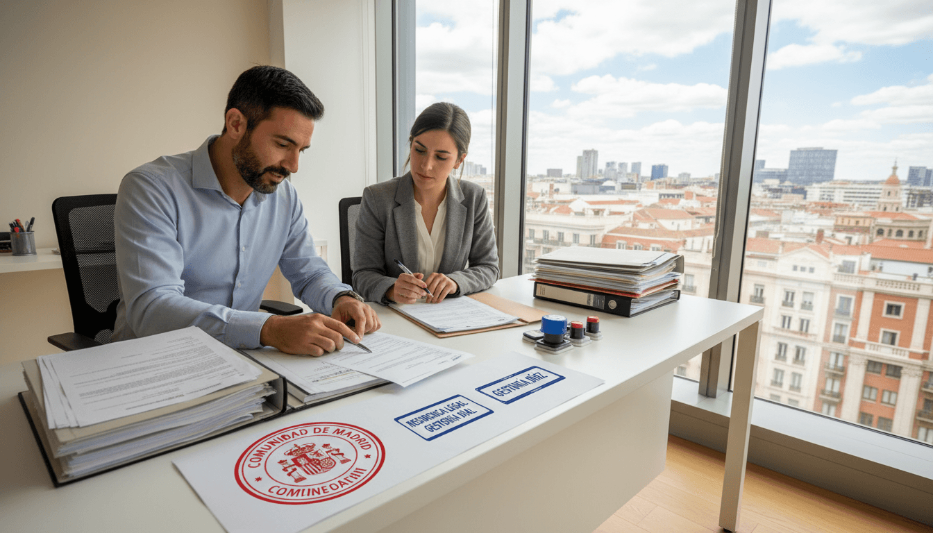 Gestor administrativo colegiado revisando documentos de regularización con cliente en Madrid