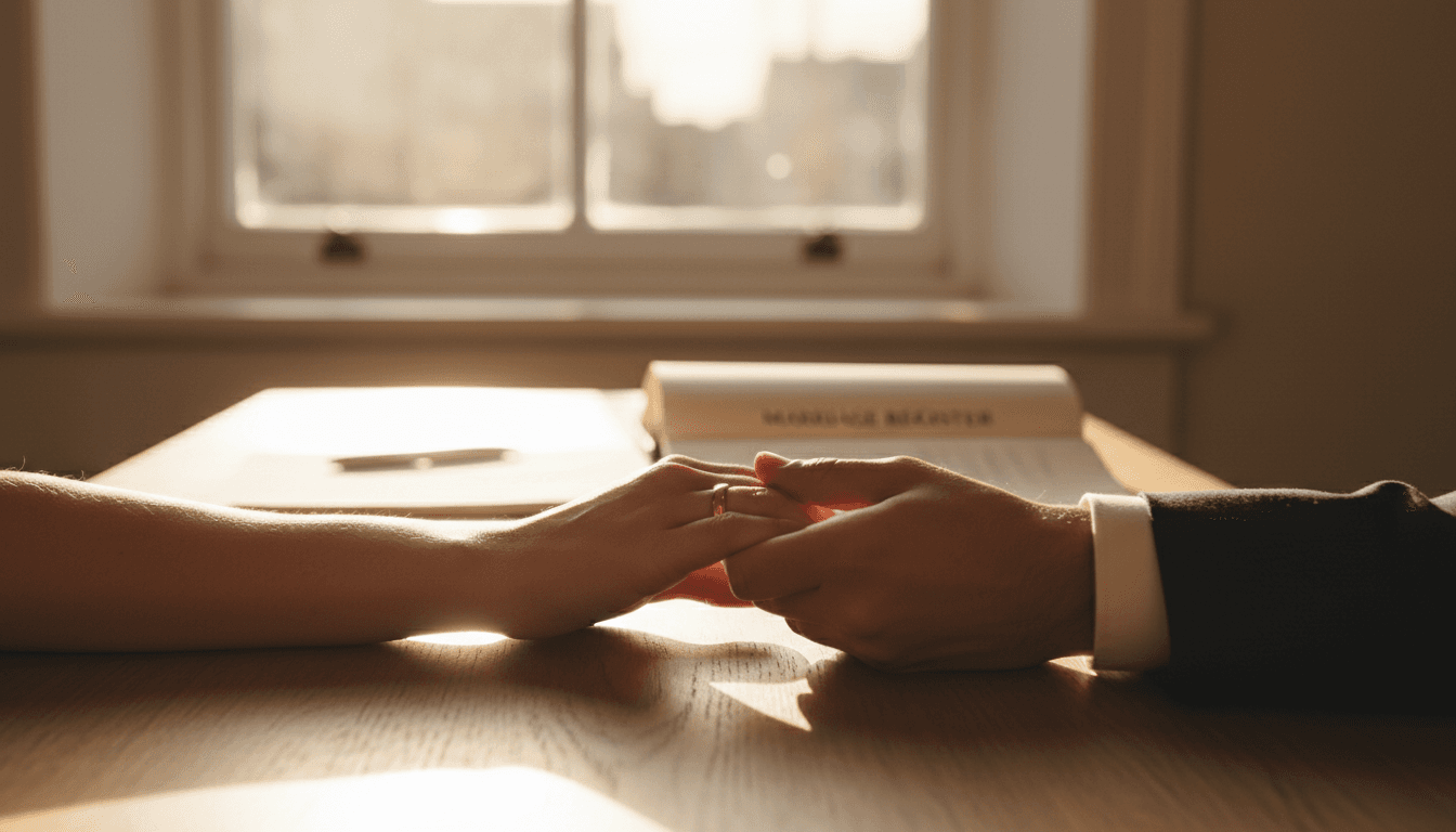 Manos de una pareja entrelazadas sobre una mesa de oficina, con un anillo de boda visible