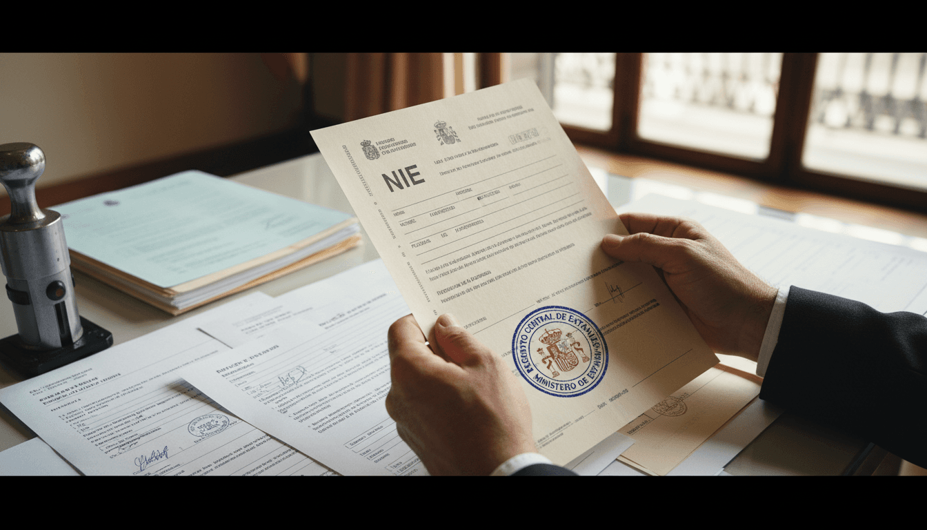 Documento NIE español con trámites administrativos en mesa de gestoría
