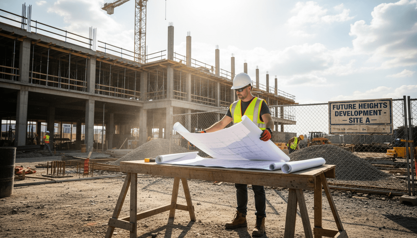 Trabajador de construcción revisando planos en obra