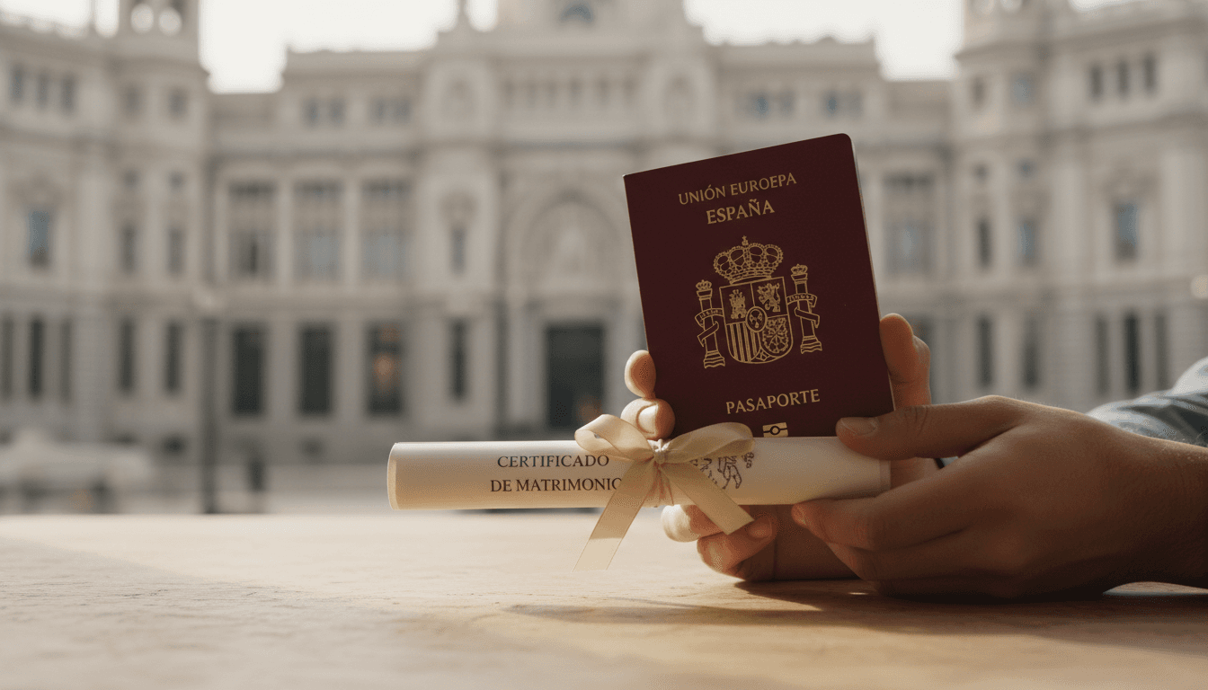 Manos sosteniendo pasaporte español y certificado de matrimonio sobre una mesa